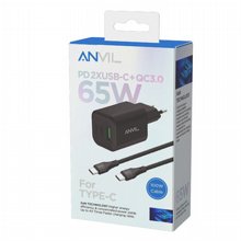 מטען קיר מהיר 65W GaN 3 כניסות PD ו-QC כולל כבל טייפ-סי 100W ANVIL מטען קיר מהיר 65W GaN 3 כניסות PD ו-QC כולל כבל טייפ-סי 100W ANVIL