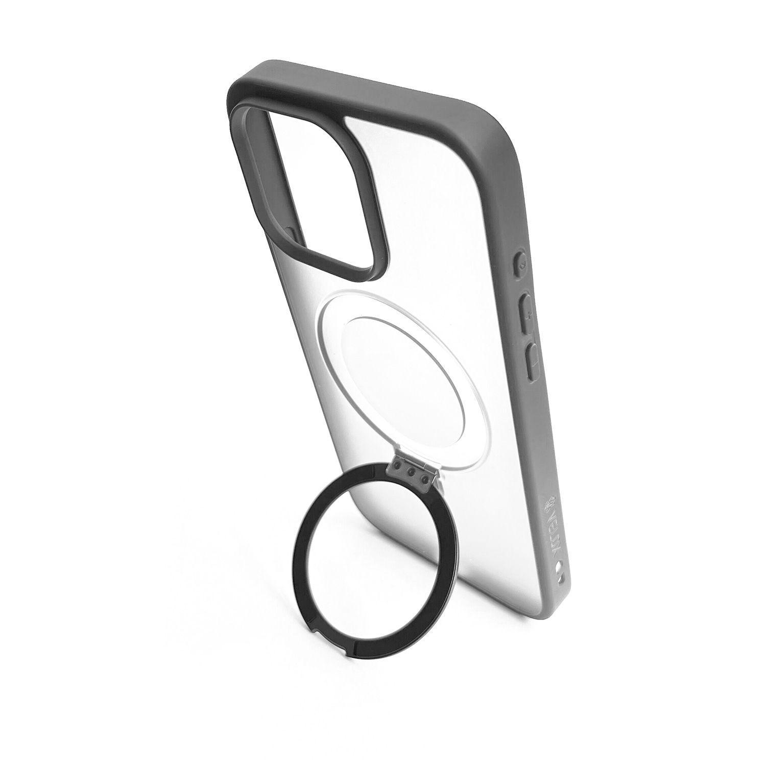 כיסוי Velox MagRing לאייפון 14 פרו מקס מט אפור – הטבעת המגנטית פתוחה כמעמד