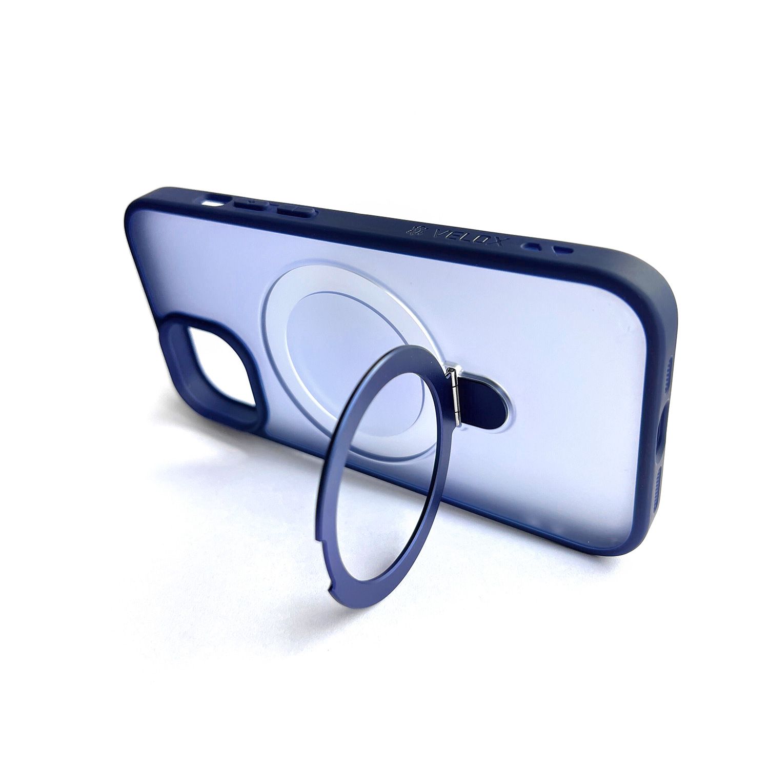 כיסוי Velox MagRing לאייפון 15 מט כחול – הטבעת המגנטית פתוחה כמעמד